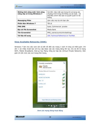 www.microsoft.com.vn39
Hệ điều hành WINDOWS 7
NHỮNG TÍNH NĂNG HỮU ÍCH CHO NGƯỜI DÙNG CUỐI
Những tính năng mới/ tính năng
nâng cấp có trong Windows 7
Cải tiến: bảo mật cao trong khi sử dụng các
chương trình trong hệ thống và các task. Có
thể điều chỉnh nếu bạn có quyền quản trị hệ
thống
Messaging Pillar Làm việc mọi lúc khi bạn cần
Phiên Bản Windows 7 Tất cả
PMG SME byee; Commercial: pcooke
Địa chỉ file Screenshot Media Bank
Tên Screenshot PMG_useraccountcontrolsettings
Tài liệu bổ sung UAC Technical Reference on TechNet
View Available Networks (VAN):
Windows 7 làm cho việc xem xét và kết nối đến các mạng 1 cách rõ ràng và nhất quán. Chỉ
cần 1 cái nhấp chuột bạn sẽ truy cập được vào các mạng đang tồn tại, cho dù đó là mạng
WIFI, Mobile Broadband, Dial-up hay Mạng riêng ảo hợp tác (Virtual Private Network). Đơn
giản chỉ cần click vào icon trạng thái mạng.
Xem các mạng đang hoạt động
 