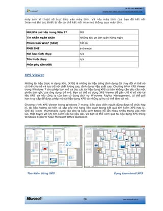 www.microsoft.com.vn56
Hệ điều hành WINDOWS 7
NHỮNG TÍNH NĂNG HỮU ÍCH CHO NGƯỜI DÙNG CUỐI
máy ảnh kĩ thuật số trực tiếp vào máy tính. Và nếu máy tính của bạn đã kết nối
Internet thì các thiết bị đó có thể kết nối internet thông qua máy tính.
Mới/Đã cải tiến trong Win 7? Mới
Tin nhắn ngăn chặn Những tác vụ đơn giản hàng ngày
Phiên bản Win7 (SKU) Tất cả
PMG SME a-drewpe
Nơi lưu hình chụp n/a
Tên hình chụp n/a
Phần phụ cần thiết
XPS Viewer
Những tài liệu được in dạng XML (XPS) là những tài liệu bằng định dạng đã thay đổi vì thế nó
có thể chia sẻ và lưu trữ với chất lượng cao, định dạng hiệu suất cao. Chương trình XPS Viewer
trong Windows 7 cho phép bạn mở và đọc các tài liệu dạng XPS cơ bản không cần yêu cầu một
phiên bản gốc của ứng dụng để mở. Bạn có thể sử dụng XPS Viewer để gắn chữ kí số vào tài
liệu XPS và nếu công ty của bạn sử dụng dịch vụ Windows Rights Management, có thể giới
hạn truy cập để được phép mở tài liệu dạng XPS và những gì họ có thể làm với nó.
Chương trình XPS Viewer trong Windows 7 mang đến giao diện người dùng được tổ chức hợp
lý, tài liệu hướng cải tiến và sắp xếp thứ hạng liên quan trong kết quả tìm kiếm XPS hợp lý.
Chế độ x e m thumbnails cung cấp cho ta kiểu xem tương hỗ lẫn nhau nhiều trang vào một
lúc, thật tuyệt vời khi tìm kiếm các tài liệu dài. Và bạn có thể xem qua tài liệu dạng XPS trong
Windows Explorer hoặc Microsoft Office Outlook®
Tìm kiếm bằng XPS Dạng thumbnail XPS
 