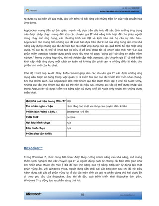 www.microsoft.com.vn59
Hệ điều hành WINDOWS 7
NHỮNG TÍNH NĂNG HỮU ÍCH CHO NGƯỜI DÙNG CUỐI
ra được sự cải tiến về bảo mật, các tiến trình và hài lòng với những tiện ích của việc chuẩn hóa
ứng dụng.
AppLocker mang đến sự đơn giản, mạnh mẽ, dựa trên cấu trúc để xác định những ứng dụng
nào được phép chạy, mang đến cho các chuyên gia IT khả năng linh hoạt để cho phép người
dùng chạy các ứng dụng, các chương trình cài đặt và kịch bản mà họ cần sự hữu hiệu.
AppLocker còn mang đến những qui tắt xuất bản dựa trên chữ kí số của ứng dụng làm cho khả
năng xây dựng những qui tắc để tiếp tục cập nhật ứng dụng con lại. quá trình để cập nhật ứng
dụng. Ví dụ: ta có thể tổ chức tạo ra điều lệ để cho phép tất cả phiên bản mới hơn 9.0 của
phần mềm Acrobat Reader được phép chạy nếu như nó được “đóng gói” bở công ty phần mềm
Adobe.” Trong trường hợp này, khi mà Adobe cập nhật Acrobat, các chuyên gia IT có thể triển
khai cập nhật ứng dụng một cách an toàn mà không cần phải tạo ra những điều lệ khác cho
phiên bản mới của Acrobat.
Chế độ thiết lập Audit Only Enforcement giúp cho các chuyên gia IT xác định những ứng
dụng nào được sử dụng trong việc quản lý và kiểm tra các qui tắc trước khi triển khai chúng.
Khi mà chính sách của AppLocker cho một nhóm qui tắc được thiết lập ở chế độ Audit Only,
những qui tắc cho nhóm qui tắc đó trở nên có hiệu lực. Những qui tắc có thể được nhập vào
trong AppLocker và được kiểm tra bằng cách sử dụng chế độ Audit only trước khi chúng được
triển khai.
Mới/Đã cải tiến trong Win 7? Mới
Tin nhắn ngăn chặn Làm tăng bảo mật và nâng cao quyền điều khiển
Phiên bản Win7 (SKU) Enterprise trở lên
PMG SME pcooke
Nơi lưu hình chụp n/a
Tên hình chụp n/a
Phần phụ cần thiết
BitLocker™
Trong Windows 7, chức năng BitLocker được tăng cường nhằm nâng cao khả năng, mở mang
thêm kinh nghiệm cho các chuyên gia IT và người dùng cuối từ những cải tiến đơn giản như
khi nhấn phải chuột lên một ổ đĩa để bật tính năng bảo vệ bằng Bitlocker tự động tạo một
phân vùng ẩn. Với Windows Vista, người dùng cần phải cài đặt Bitlocker sau khi đã hệ điều
hành được cài đặt để phần vùng lại ổ đĩa của máy tính và tạo ra phân vùng thứ hai được ẩn
đi theo yêu cầu của BitLocker. Sau khi cài đặt, quá trình triển khai BitLocker đơn giản,
Windows 7 tự động tạo ra phân vùng thứ hai.
 