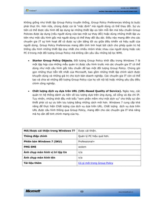 www.microsoft.com.vn69
Hệ điều hành WINDOWS 7
NHỮNG TÍNH NĂNG HỮU ÍCH CHO NGƯỜI DÙNG CUỐI
Không giống như thiết lập Group Policy truyền thống, Group Policy Preferences không bị buộc
phải thực thi. Hơn nữa, chúng được coi là “mặc định” mà người dùng có thể thay đổi. Sự ưu
tiên có thể được cấu hình để áp dụng lại những thiết lập ưu tiên mỗi lần mà tiêu chuẩn Group
Policies được áp dụng (nếu người dùng vừa tạo một sự thay đổi) hoặc dùng những thiết lập ưu
tiên như một cấu hình gốc mà người dùng có thể thay đổi lâu dài. Điều này mang đến cho các
chuyên gia IT sự linh hoạt để có được sự cân bằng tối ưu giữa điều khiển và hiệu suất của
người dùng. Group Policy Preferences mang đến tính linh hoạt bởi cách cho phép quản trị hệ
thống cấu hình những thiết lập duy nhất cho nhiều nhóm khác nhau của người dùng hoặc các
PC ở trong một đối tượng Group Policy mà không cần yêu cầu những bộ lọc WMI.
• Starter Group Policy Objects. Đối tượng Group Policy khởi đầu trong Windows 7 là
một tập hợp của những mẫu quản trị được cấu hình trước mà các chuyên gia IT có thể
dùng như một cấu hình gốc tiêu chuẩn để tạo một đối tượng Group Policy. Chúng gói
gọn những thực tiễn tốt nhất của Microsoft, bao gồm những thiết lập chính sách được
khuyến dùng và những giá trị cho kịch bản doanh nghiệp. Các chuyên gia IT còn có thể
tạo và chia sẻ những đối tượng Group Policy của họ với nội bộ hoặc những yêu cầu điều
chỉnh công nghiệp.
• Chất lượng dịch vụ dựa trên URL (URL-Based Quality of Service). Ngày nay, các
quản trị hệ thống dành ưu tiên về lưu lượng dựa trên ứng dụng, số cổng và địa chỉ IP.
Tuy nhiên, những khởi đầu mới kiểu “xem phần mềm như một dịch vụ” cho thấy sự cần
thiết phải có sự ưu tiên lưu lượng bằng những cách mới hơn. Windows 7 cung cấp khả
năng để thực hiện Chất lượng của dịch vụ dựa trên URL. Chất lượng dịch vụ dưa trên
URL được cấu hình thông qua Group Policy, mang đến cho các chuyên gia IT khả năng
mà họ cần để tinh chỉnh mạng của họ.
Mới/Được cải thiện trong Windows 7? Được cải thiện.
Thông điệp chính Quản lý PC hiệu quả hơn.
Phiên bản Windows 7 (SKU) Professional+
PMG SME wolem
Ảnh chụp màn hình vị trí tập tin n/a
Ảnh chụp màn hình tên n/a
Tài liệu thêm Có gì mới trong Group Policy
 