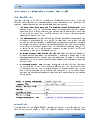 www.microsoft.com.vn7
Hệ điều hành WINDOWS 7
NHỮNG TÍNH NĂNG HỮU ÍCH CHO NGƯỜI DÙNG CUỐI
WINDOWS 7 – TÍNH NĂNG NGƯỜI DÙNG CUỐI
Khả năng tiếp cận:
Windows 7 đã được cải tiến để nâng cao khả năng tiếp cận đối với người dùng, cải tiến bao
gồm tính năng nhận dạng giọng nói (Personalized Speech Recognition), tính năng phóng đại
màn hình (Magnification) và bàn phím ảo mới (New on-screen keyboard).
Tính năng nhận dạng giọng nói (Personalized Speech Recognition): Trong
Windows 7, tính chính xác của Windows Speech Recognition được cải thiện, Speech
Recognition hỗ trợ ra lệnh cho các ứng dụng phổ biến, bạn sẽ nói cho máy tính biết điều
mà bạn muốn làm. Ví dụ: Bạn có thể dễ dàng làm việc với email bằng cách nói tên
người nhận và nội dung của email.
Tính năng Magnifier: Magnifier luôn luôn sẵn dùng khi bạn cần phóng to toàn bộ màn
hình hoặc một phần của nó. Nó cực kì hữu ích cho người dùng có thị lực kém hoặc gặp
khó khăn khi nhìn vào màn hình. Và nó cũng hữu ích cho những ai muốn xem một vùng
nào khó xem nào đó trên màn hình. Bạn có thể dùng chế độ toàn mình hình (full-screen
mode) để phóng lớn toàn bộ desktop, dùng chế độ Lens (Lens mode) để phóng lớn chỉ
một vùng của màn hình. Trong Windows 7, Magnifier làm việc với DirectX và hỗ trợ sử
dụng bút điện tử, cảm ứng đa chạm và các phím tắt.
On-Screen keyboard (Bàn phím ảo trên màn hình): Bàn phím ảo trong Windows 7
đã có một giao diện mới, và nó chứa đựng từ ngữ cá nhân hóa và sự tiên đoán từ tiếp
theo (Next-word prediction) dựa trên công nghệ đã sử dụng cho Tablet PC. Điều này sẽ
cải thiện đáng kể tốc độ nhập từ cho những người gặp khó khăn trong việc sử dụng một
bàn phím chuẩn.
Accessibility Support Tools: Windows 7 sẽ giúp các nhà phát triển phần mềm cung
cấp khả năng tiếp cận trong ứng dụng của họ dễ dàng hơn, cung cấp cho người dùng
một sự lựa chọn tốt hơn. Ví dụ: UI Accessibility Checker trong Windows 7 cung cấp một
công cụ đồ họa thuận tiện cho các nhà phát triển phần mềm và các thử nghiệm để xác
minh xem dao diện người dùng của ứng dụng đó có tuân theo các yêu cầu tiếp cận chủ
yếu hay không.
Những cải tiến mới ở Windows 7 Mở rộng. Xem ở trên.
Messaging Pillar Makes New Things Possible
Windows 7 Edition (SKU) All
PMG SME Byee
Nơi chứa ảnh chụp N/a
Tên của ảnh chụp N/a
Thông tin mở rộng cần thiết Accessibility in Windows 7 (engineering blog post)
Action Center:
Trong các phiên bản trước của hệ điều hành Windows, Windows chỉ có khả năng báo cho người
dùng khi ứng dụng nào đó cần sự chú ý trên máy tính. Windows thường làm bằng cách tạo
 