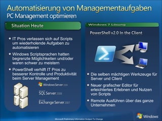 Die selben mächtigen Werkzeuge für Server und Client Neuer grafischer Editor für erleichtertes Erlebnen und Nutzen von Scripts Remote Ausführen über das ganze Unternehmen IT Pros verlassen sich auf Scripts um wiederholende Aufgaben zu automatisieren Windows Scriptsprachen hatten begrenzte Möglichkeiten und/oder waren schwer zu meistern PowerShell verhilft IT Pros zu besserer Kontrolle und Produktivität beim Server Management 