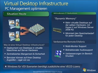 Deployment von Desktops in virtuelle Maschines auf Server Hardware Zentralisiertes Mangement & Sicherheit Benutzer können auf ihren Desktop Zugreifen – egal von wo Mehr virtuelle Desktops auf der selben Hardware- mit Hyper-V auf Windows Server 2008 R2 Minimiert den Speicherbedarf für jeden Desktop Multi-Monitor Support Bidirektionaler Audiosupport Verbesserungen im Bereich Drucken Windows für VDI Szenarien benötigt zusätzliche eine VECD Lizenz * 