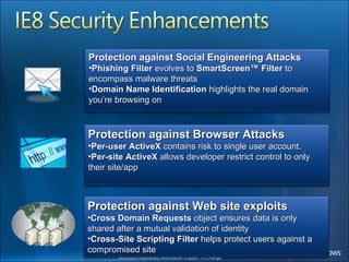 Protection against Social Engineering Attacks Phishing Filter  evolves to  SmartScreen™ Filter  to encompass malware threats Domain Name Identification  highlights the real domain you’re browsing on Protection against Browser Attacks Per-user ActiveX  contains risk to single user account. Per-site ActiveX  allows developer restrict control to only their site/app Protection against Web site exploits Cross Domain Requests  object ensures data is only shared after a mutual validation of identity Cross-Site Scripting Filter  helps protect users against a compromised site 