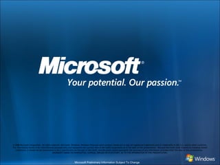 © 2008 Microsoft Corporation. All rights reserved. Microsoft, Windows, Windows Vista and other product names are or may be registered trademarks and/or trademarks in the U.S. and/or other countries. The information herein is for informational purposes only and represents the current view of Microsoft Corporation as of the date of this presentation.  Because Microsoft must respond to changing market conditions, it should not be interpreted to be a commitment on the part of Microsoft, and Microsoft cannot guarantee the accuracy of any information provided after the date of this presentation.  MICROSOFT MAKES NO WARRANTIES, EXPRESS, IMPLIED OR STATUTORY, AS TO THE INFORMATION IN THIS PRESENTATION. 