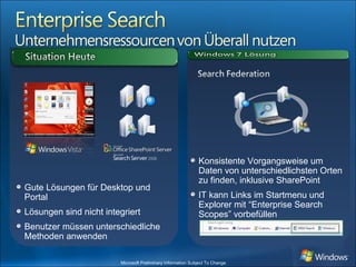 Konsistente Vorgangsweise um Daten von unterschiedlichsten Orten zu finden, inklusive SharePoint IT kann Links im Startmenu und Explorer mit “Enterprise Search Scopes” vorbefüllen Gute Lösungen für Desktop und Portal Lösungen sind nicht integriert Benutzer müssen unterschiedliche Methoden anwenden 