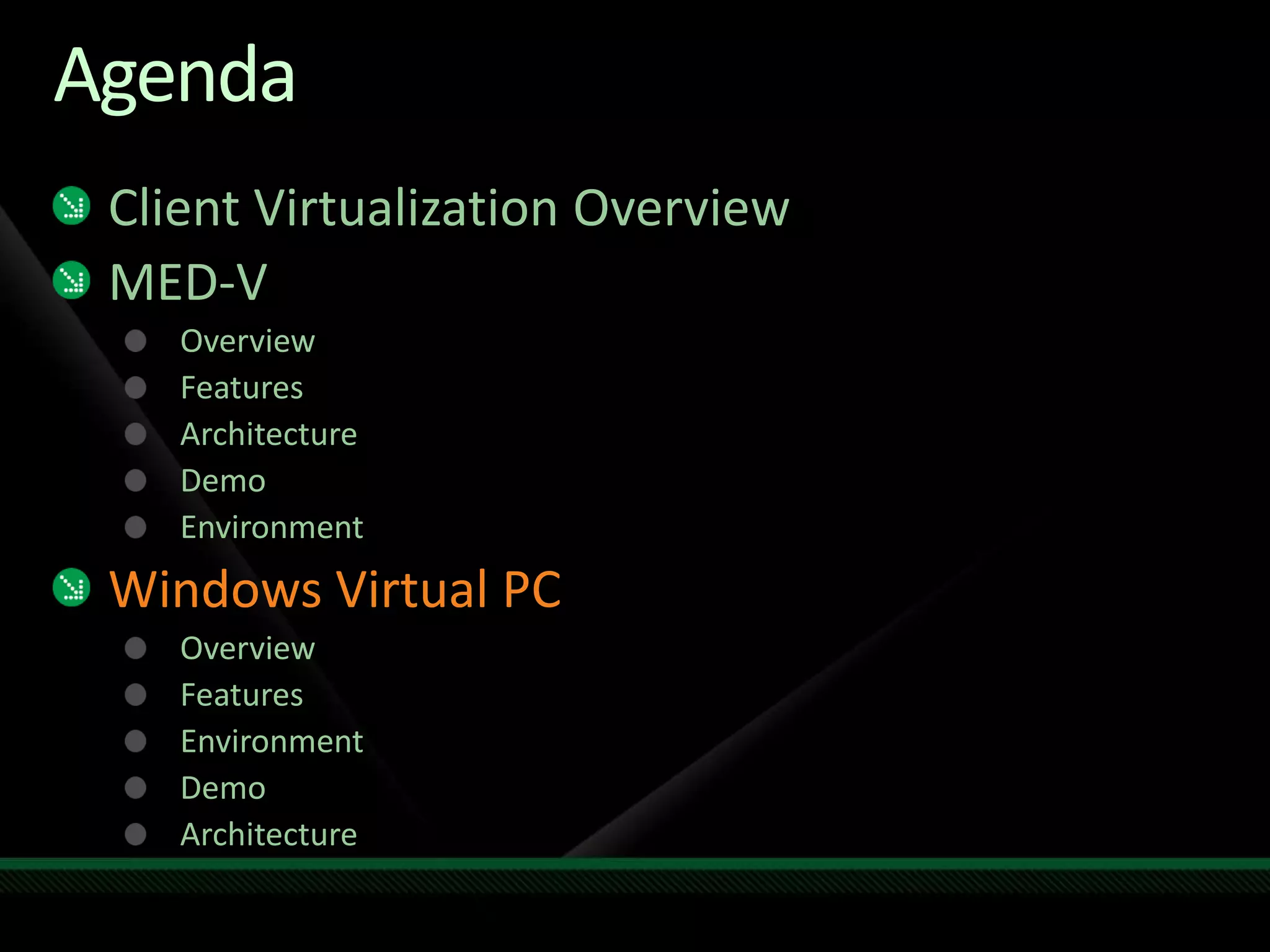 Agenda
Client Virtualization Overview
MED-V
Overview
Features
Architecture
Demo
Environment
Windows Virtual PC
Overview
Features
Environment
Demo
Architecture
 