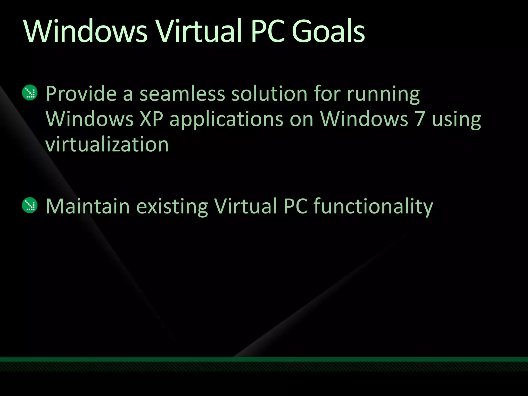Windows Virtual PC Goals
Provide a seamless solution for running
Windows XP applications on Windows 7 using
virtualization
Maintain existing Virtual PC functionality
 