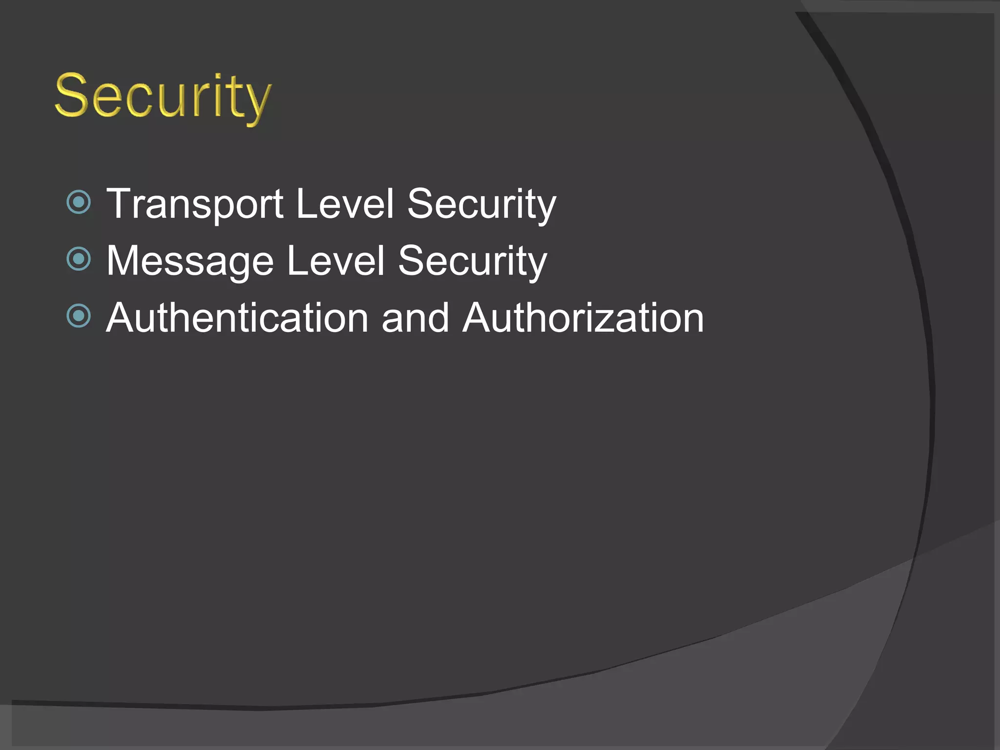 Transport Level Security Message Level Security Authentication and Authorization 