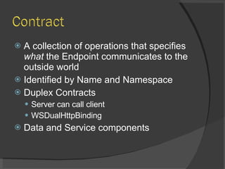 A collection of operations that specifies  what  the Endpoint communicates to the outside world Identified by Name and Namespace Duplex Contracts Server can call client WSDualHttpBinding Data and Service components 