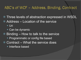 Three levels of abstraction expressed in WSDL Address – Location of the service Uri Can be dynamic Binding – How to talk to the service Programmatic or config file based Contract – What the service does Interface based 