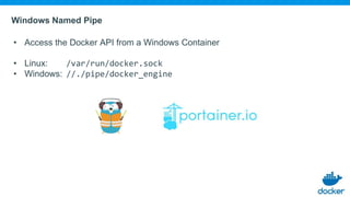 Windows Named Pipe
• Access the Docker API from a Windows Container
• Linux: /var/run/docker.sock
• Windows: //./pipe/docker_engine
 