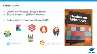 Call for action
• Docker on Windows, Second Edition
• Elton Stoneman | @EltonStoneman
• Fully updated to Windows Server 2019
 