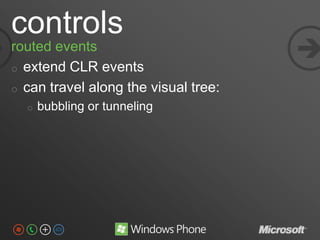 controls
routed events                         
o extend CLR events
o can travel along the visual tree:
  o   bubbling or...