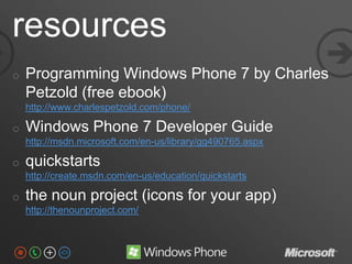 resources
                                                            
o   Programming Windows Phone 7 by Charles
    Pet...