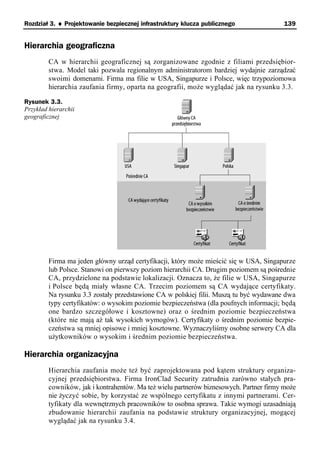 Rozdział 3. ♦ Projektowanie bezpiecznej infrastruktury klucza publicznego                139


Hierarchia geograficzna
         CA w hierarchii geograficznej są zorganizowane zgodnie z filiami przedsiębior-
         stwa. Model taki pozwala regionalnym administratorom bardziej wydajnie zarządzać
         swoimi domenami. Firma ma filie w USA, Singapurze i Polsce, więc trzypoziomowa
         hierarchia zaufania firmy, oparta na geografii, może wyglądać jak na rysunku 3.3.

Rysunek 3.3.
Przykład hierarchii
geograficznej




         Firma ma jeden główny urząd certyfikacji, który może mieścić się w USA, Singapurze
         lub Polsce. Stanowi on pierwszy poziom hierarchii CA. Drugim poziomem są pośrednie
         CA, przydzielone na podstawie lokalizacji. Oznacza to, że filie w USA, Singapurze
         i Polsce będą miały własne CA. Trzecim poziomem są CA wydające certyfikaty.
         Na rysunku 3.3 zostały przedstawione CA w polskiej filii. Muszą tu być wydawane dwa
         typy certyfikatów: o wysokim poziomie bezpieczeństwa (dla poufnych informacji; będą
         one bardzo szczegółowe i kosztowne) oraz o średnim poziomie bezpieczeństwa
         (które nie mają aż tak wysokich wymogów). Certyfikaty o średnim poziomie bezpie-
         czeństwa są mniej opisowe i mniej kosztowne. Wyznaczyliśmy osobne serwery CA dla
         użytkowników o wysokim i średnim poziomie bezpieczeństwa.

Hierarchia organizacyjna
         Hierarchia zaufania może też być zaprojektowana pod kątem struktury organiza-
         cyjnej przedsiębiorstwa. Firma IronClad Security zatrudnia zarówno stałych pra-
         cowników, jak i kontrahentów. Ma też wielu partnerów biznesowych. Partner firmy może
         nie życzyć sobie, by korzystać ze wspólnego certyfikatu z innymi partnerami. Cer-
         tyfikaty dla wewnętrznych pracowników to osobna sprawa. Takie wymogi uzasadniają
         zbudowanie hierarchii zaufania na podstawie struktury organizacyjnej, mogącej
         wyglądać jak na rysunku 3.4.
 