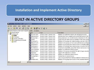 BUILT-IN ACTIVE DIRECTORY GROUPS
Installation and Implement Active Directory
 