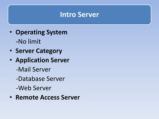 • Operating System
-No limit
• Server Category
• Application Server
-Mail Server
-Database Server
-Web Server
• Remote Access Server
Intro Server
 