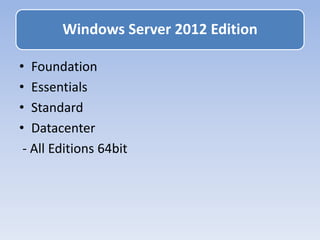 • Foundation
• Essentials
• Standard
• Datacenter
- All Editions 64bit
Windows Server 2012 Edition
 