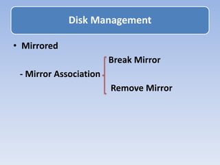 • Mirrored
Break Mirror
- Mirror Association
Remove Mirror
Disk Management
 