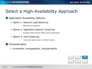 Select a High-Availability Approach Application Availability Options: Option 1: Network Load Balancing Web servers (stateless) Option 2: Application-Specific Clustering Microsoft Cluster Server (MSCS)-aware applications Option 3: Host Clustering Last resort option (host in an MSCS cluster) Characteristics:  Availability, manageability, interoperability Page    | 