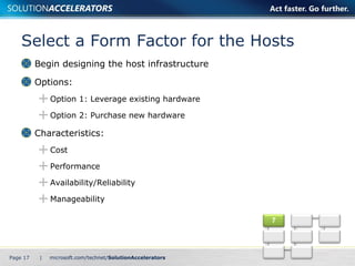 Select a Form Factor for the Hosts Begin designing the host infrastructure Options: Option 1: Leverage existing hardware Option 2: Purchase new hardware Characteristics: Cost Performance Availability/Reliability Manageability Page    | 