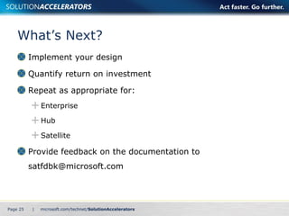 What’s Next?  Implement your design Quantify return on investment Repeat as appropriate for: Enterprise Hub Satellite Provide feedback on the documentation to satfdbk@microsoft.com Page    | 