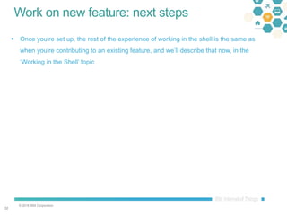 © 2016 IBM Corporation
3232
Work on new feature: next steps
 Once you’re set up, the rest of the experience of working in the shell is the same as
when you’re contributing to an existing feature, and we’ll describe that now, in the
‘Working in the Shell’ topic
 