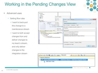 © 2016 IBM Corporation
4646
Working in the Pending Changes View
 Advanced uses
 Setting flow rules
• I want to back-port
this change to a
maintenance stream
• I want to both accept
changes from and
deliver changes to
my team’s stream,
and only deliver
changes to the
integration stream
 