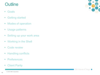 © 2016 IBM Corporation
5959
Outline
 Goals
 Getting started
 Modes of operation
 Usage patterns
 Setting up your work area
 Working in the Shell
 Code review
 Handling conflicts
 Preferences
 Client Parity
 