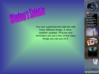 Window's Sidebar You can customize the side bar with many different things. A clock, weather updates. Pictures and reminders are just a few of the many things you can put on it.