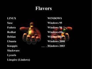 Flavors WINDOWS Windows 95 Windows 98 Windows Me Windows XP Windows 2000 Windows 2003 LINUX Suse Fedora Redhat Debian Ubuntu Knoppix Slackware Lycoris Linspire (Lindows) 