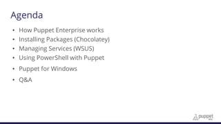 Agenda
• How Puppet Enterprise works
• Installing Packages (Chocolatey)
• Managing Services (WSUS)
• Using PowerShell with Puppet
• Puppet for Windows
• Q&A
 