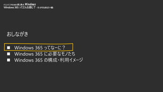 おしながき
◼ Windows 365 ってなーに？
◼ Windows 365 に必要なモノたち
◼ Windows 365 の構成・利用イメージ
ITエンジニアのための流し読み Windows
Windows365 ってどんな感じ？-せっかちなあなたへ編-
 