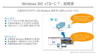 勉強用資料 | 確実に内容が保証されるものではありません
Windows 365 ってなーに？ - 超概要
ユーザー
管理者が月額固定料金の
仮想 Windows を購入
いつでも展開 (増減) 可能
割り当てられたユーザーは
ブラウザー / リモート接続で
いつでも利用可能
Cloud PC
新しいモデル
◼ ユーザー当たりで月額・固定料金で購入
◼ 仕事用の環境として IT 部門による管理
◼ 必要に応じて、すぐに展開 (増減) が可能
様々なメリット
◼ 仕事用の Windows 環境をすぐに渡せる
◼ 急な増員や一時的なリソースとして活用
◼ 月額が固定料金でコスト算出しやすい
企業向けクラウドベースの Windows 仮想 PC の新しいソリューション
 