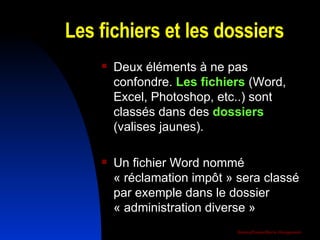 Les fichiers et les dossiers Deux éléments à ne pas confondre.  Les fichiers  (Word, Excel, Photoshop, etc..) sont classés dans des  dossiers   (valises jaunes).  Un fichier Word nommé « réclamation impôt » sera classé par exemple dans le dossier « administration diverse » 