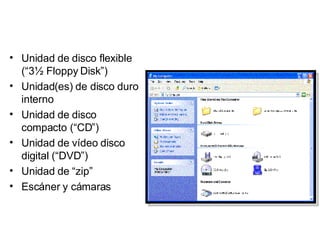 Unidad de disco flexible (“3½ Floppy Disk”) Unidad(es) de disco duro interno Unidad de disco compacto (“CD”) Unidad de vídeo disco digital (“DVD”) Unidad de “zip” Escáner y cámaras 