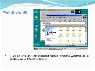 Windows 98 El 25 de junio de 1998 Microsoft saca al mercado Windows 98, el cual incluye el Internet Explorer. 1998 