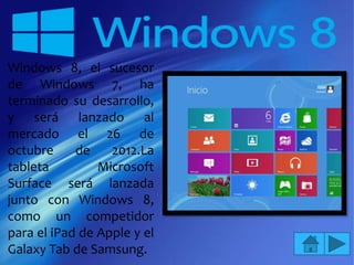 Windows 8, el sucesor
de Windows 7, ha
terminado su desarrollo,
y será lanzado al
mercado el 26 de
octubre     de    2012.La
tableta         Microsoft
Surface será lanzada
junto con Windows 8,
como un competidor
para el iPad de Apple y el
Galaxy Tab de Samsung.
 