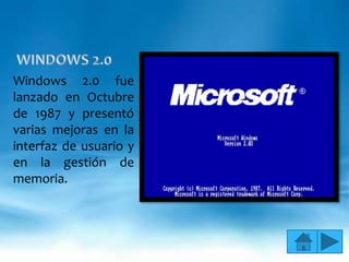 Windows 2.0 fue
lanzado en Octubre
de 1987 y presentó
varias mejoras en la
interfaz de usuario y
en la gestión de
memoria.
 