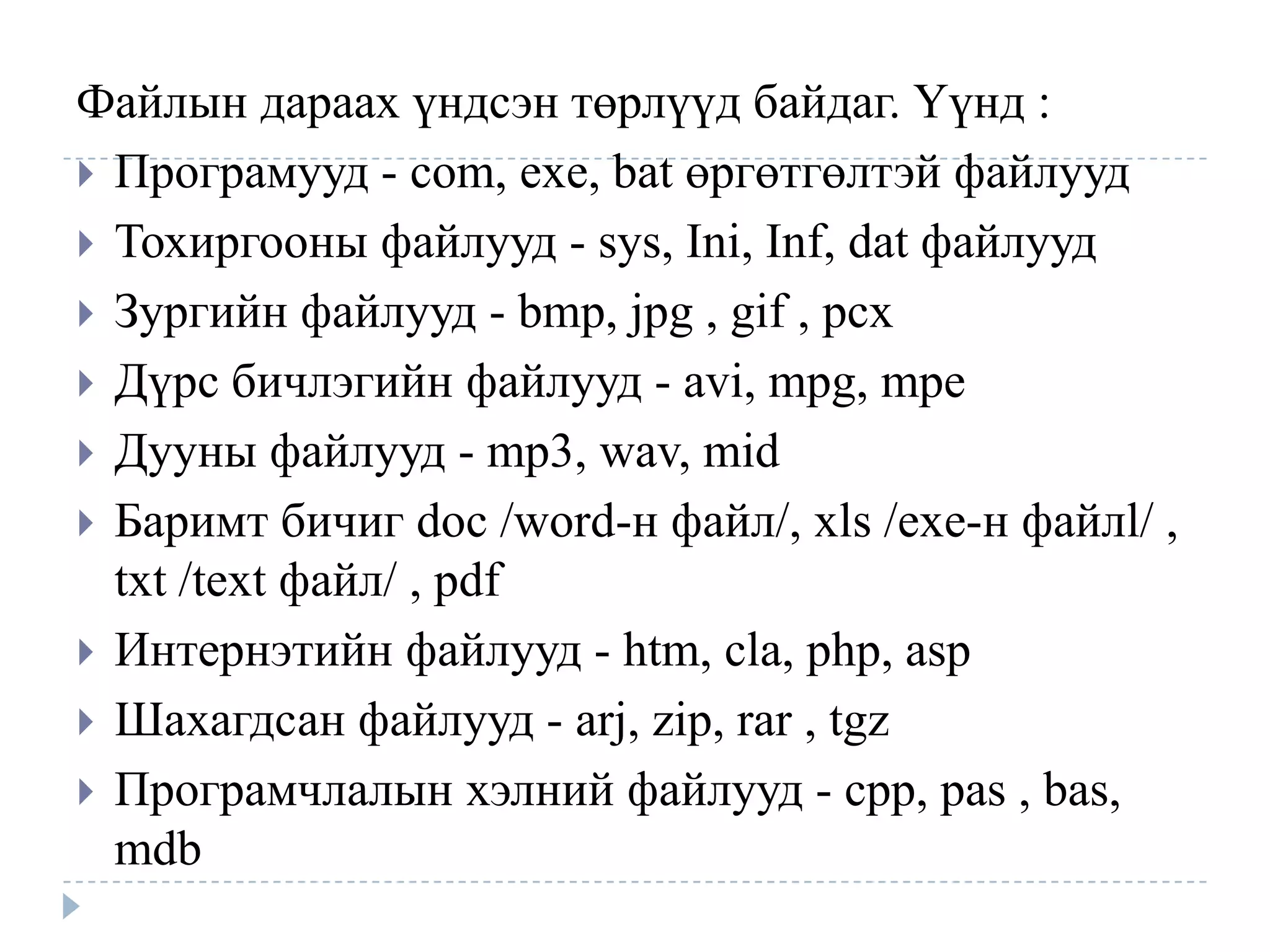 Файлын дараах үндсэн төрлүүд байдаг. Үүнд :
 Програмууд - com, exe, bat өргөтгөлтэй файлууд
 Тохиргооны файлууд - sys, Ini, Inf, dat файлууд
 Зургийн файлууд - bmp, jpg , gif , pcx
 Дүрс бичлэгийн файлууд - avi, mpg, mpe
 Дууны файлууд - mp3, wav, mid
 Баримт бичиг doc /word-н файл/, xls /exe-н файлl/ ,
  txt /text файл/ , pdf
 Интернэтийн файлууд - htm, cla, php, asp
 Шахагдсан файлууд - arj, zip, rar , tgz
 Програмчлалын хэлний файлууд - cpp, pas , bas,
  mdb
 