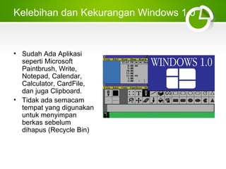 Kelebihan dan Kekurangan Windows 1.0 
• Sudah Ada Aplikasi 
seperti Microsoft 
Paintbrush, Write, 
Notepad, Calendar, 
Calculator, CardFile, 
dan juga Clipboard. 
• Tidak ada semacam 
tempat yang digunakan 
untuk menyimpan 
berkas sebelum 
dihapus (Recycle Bin) 
 