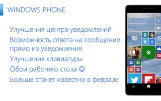 Улучшения центра уведомлений
Возможность ответа на сообщение
прямо из уведомления
Улучшения клавиатуры
Обои рабочего стола 
Больше станет известно в феврале
WINDOWS PHONE
 