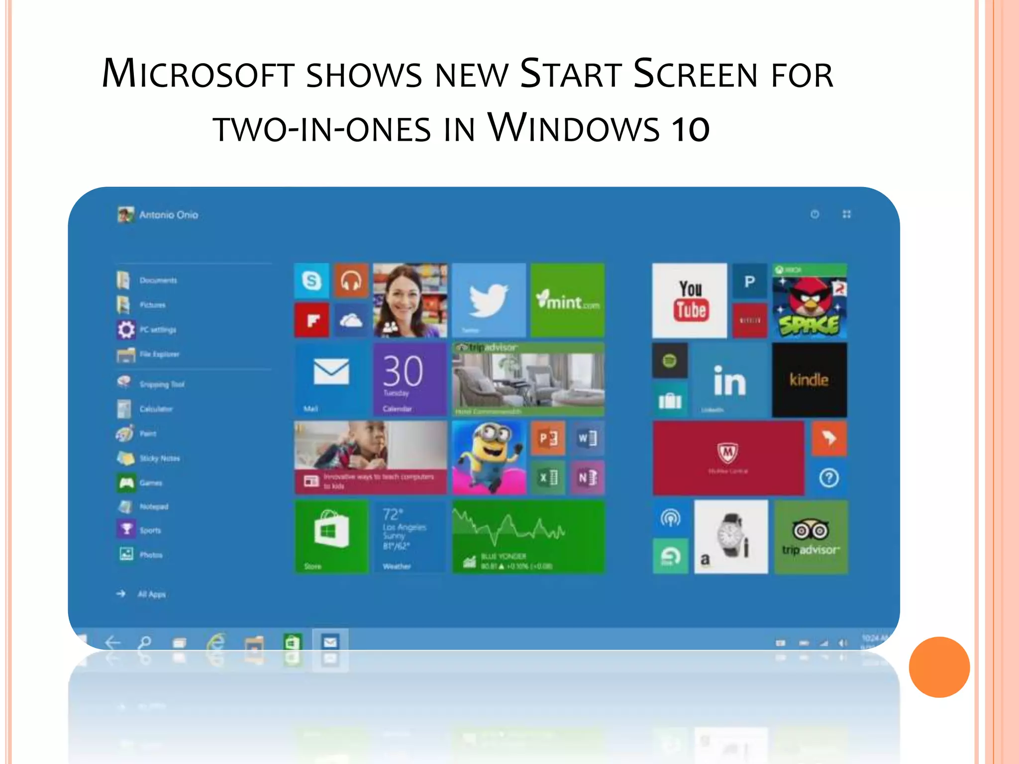 MICROSOFT SHOWS NEW START SCREEN FOR
TWO-IN-ONES IN WINDOWS 10
 