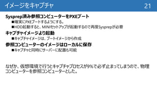 イメージをキャプチャ
Sysprep済み参照コンピューターをPXEブート
確実にPXEブートするようにする。
HDD起動すると、MINIセットアップが起動するので再度Sysprepが必要
キャプチャイメージより起動
キャプチャイメージは、ブートイメージから作成
参照コンピューターのイメージはローカルに保存
キャプチャと同時にサーバーに配置も可能
なぜか、仮想環境で行うとキャプチャプロセスが9%で必ず止まってしまうので、物理
コンピューターを参照コンピューターとした。
21
 