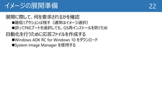 イメージの展開準備
展開に際して、何を要求されるかを確認
最低1アクションは残す（通常はイメージ選択）
誤ってPXEブートを選択しても、OS再インストールを防ぐため
自動化を行うために応答ファイルを作成する
Windows ADK RC for Windows 10 をダウンロード
System Image Manager を使用する
22
 