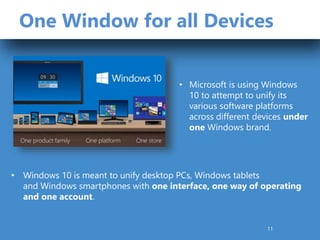 One Window for all Devices
• Windows 10 is meant to unify desktop PCs, Windows tablets
and Windows smartphones with one interface, one way of operating
and one account.
• Microsoft is using Windows
10 to attempt to unify its
various software platforms
across different devices under
one Windows brand.
11
 
