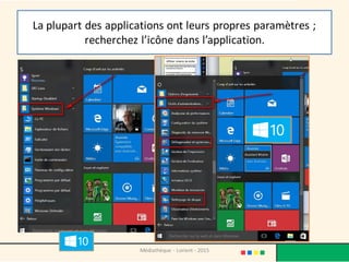 La plupart des applications ont leurs propres paramètres ;
recherchez l’icône dans l’application.
Médiathèque - Lorient - 2015
 