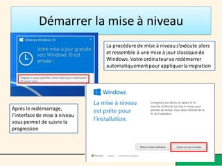 Démarrer la mise à niveau
La procédure de mise à niveau s’exécute alors
et ressemble à une mise à jour classique de
Windows. Votre ordinateurva redémarrer
automatiquementpour appliquerla migration
Après le redémarrage,
l’interface de mise à niveau
vous permet de suivre la
progression
 