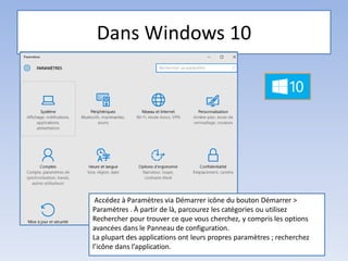 Dans Windows 10
Médiathèque - Lorient
Accédez à Paramètres via Démarrer icône du bouton Démarrer >
Paramètres . À partir de là, parcourez les catégories ou utilisez
Rechercher pour trouver ce que vous cherchez, y compris les options
avancées dans le Panneau de configuration.
La plupart des applications ont leurs propres paramètres ; recherchez
l’icône dans l’application.
 